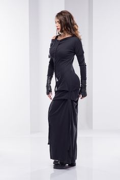 "Black Maxi Dress, Women Black Dress, Plus Size Clothing ♠ You can find the leather gloves here>> https://etsy.me/2PZOO8z ♠ Casual style with extravagant touch ideal for your provocative nature. The delicately crafted pieces from natural materials will embrace your body in a perfect fit. Dare to be Visible! ♠ Sizes The model on the picture is wearing size S. Have a look at my Size Chart below to make sure your piece will fit you best. ** PLEASE provide your height, bust, waist and hips mea Avant-garde Fitted Black Dress, Fitted Punk Dresses For Winter, Black Punk Dress For Winter, Fitted Punk Winter Dresses, Edgy Fitted Winter Dress, Punk Style Long Sleeve Club Dress, Black Punk Style Winter Dress, Edgy Long Sleeve Dress For Cosplay, Edgy Long Sleeve Cosplay Dresses