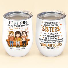 two personalized wine glasses with the saying sisters are here for you, and an orange background