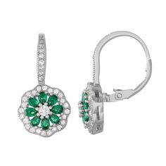 Feminine style abounds with these captivating lab-created green spinel and cubic zirconia earrings.EARRING DETAILS Length: .47 in. Closures: leverback Metal: sterling silver Plating: rhodium Packaging: boxed STONE DETAILS Stone type: lab-created green spinel Total weight: 1 9/10 ct. Shape: pear Setting: prong CUBIC ZIRCONIA DETAILS Total weight: 1 1/3 ct. Shape: round Setting: prong Gemstones may have been treated to enhance their appearance. Special care may be required. Size: One Size. Gender: Green Diamond Accented Round Earrings, Elegant Green Earrings With Halo Setting, Green Round Earrings With Diamond Accents, Elegant Green Flower Earrings For Formal Occasions, Green Cubic Zirconia Diamond Drop Earrings, Elegant Green Cluster Earrings With Prong Setting, Green Diamond Drop Earrings With Accents, Elegant Green Round Flower Earrings, Green Cubic Zirconia Flower-shaped Jewelry