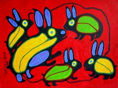 an abstract painting of three birds on a red background