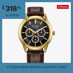 With vintage-inspired style that will never go out-of-date, this latest multi-function Rolan from Citizen takes the classic collection to the next level. The 40mm gold-tone stainless steel case is the perfect base for the watch's black dial, with three sub-dials upon a textured inner sector adding to its distinct appeal. Applied accents and a brown leather strap round out the look, with features including running and 24h time joining day and date indicators to balance the chic aesthetics with f… Brown Chronograph Watch For Everyday, Vintage Leather Watches For Business, Gold Leather Watch Accessories With Analog Display, Brown Watch Accessories With Metal Dial For Everyday Use, Gold Leather Watch With Analog Display, Classic Brown Chronograph Watch Accessories, Classic Brown Chronograph Watch With Analog Display, Brown Chronograph Watch With Skeleton Dial For Business, Business Chronograph Watch With Skeleton Dial In Brown