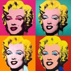 four pop art paintings of marilyn monroe in different colors and sizes, each with their own face