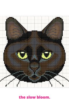 a black cat with yellow eyes is shown in the form of a cross stitch pattern