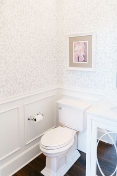 a white toilet sitting next to a sink in a bathroom under a framed picture on the wall