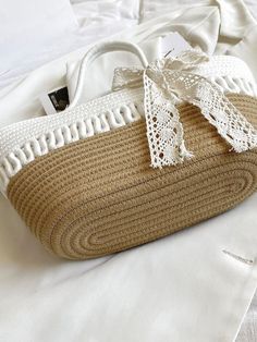 Bow Decor Straw Bag  - Women Tote Bags Beige Pouch Bag With Handles, Large Capacity White Shoulder Box Bag, Large Capacity White Box Shoulder Bag, White Tote Box Bag With Mobile Phone Pocket, White Casual Satchel Box Bag, Casual White Satchel Box Bag, White Rectangular Shoulder Bag With Braided Handles, White Canvas Shoulder Bag With Mobile Phone Pocket, Large Capacity White Crochet Bag For Shopping