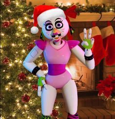 a cartoon character dressed in pink is standing next to a christmas tree