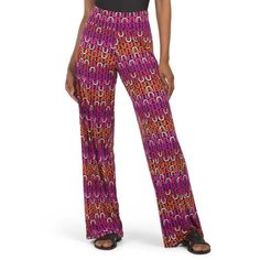 Printed, Fabric Provides Stretch Nylon/Spandex Imported Hand Wash Trendy Full-length Pants For Vacation, Trendy Pants For Vacation, Trendy Full Length Pants For Vacation, Casual Stretch Pink Bottoms, Pink Stretch Casual Pants, Casual Stretch Pink Pants, Multicolor Stretch High-waisted Pants, Chic Multicolor Bottoms For Vacation, Pink Elastane Pants