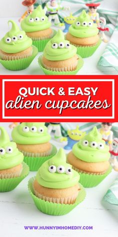 some cupcakes with green frosting and googly eyes on them are shown