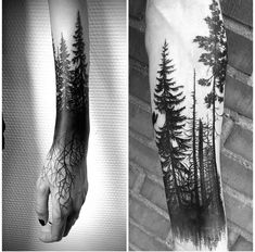 two different views of the same tattoo on one arm and another with trees in it