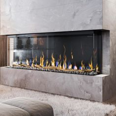 a modern fireplace with bright flames in the middle