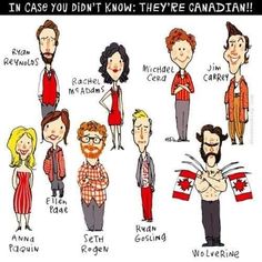 an image of cartoon characters with canadian words on their faces and the caption in case you didn't know they're canadian