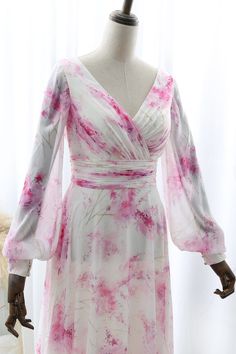 Elegant Pink Chiffon Floral Dress, Pink Georgette Floral Print Dresses, Pink Long Sleeve Chiffon Dress With Floral Print, V-neck Georgette Chiffon Dress With Floral Print, Elegant Floral Print Chiffon V-neck Dress, Printed Chiffon Dress, Formal Evening Gown, Unique Bridesmaid Dresses, Tops Blouse