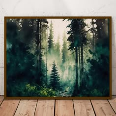 an image of a forest scene with trees and fog in the background on a wooden floor