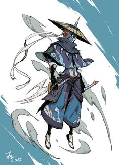 a drawing of a person with an umbrella on their head and wearing a blue outfit