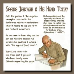 a man sitting at a desk writing on a piece of paper with the words seeing jehoh and his hand today