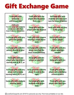 a printable gift exchange game with words in red, green and pink on it