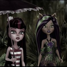 two cartoon characters standing under an umbrella in the jungle, one with long black hair