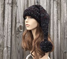 Knit Hat Style: Santa Hat - a chunky knit stocking cap with a double brim and pom pom, for women, men and teens. Color: This sample hat is shown in Blackstone, a mix of black, greys and deep reds. Sizes: One size fits average teen or adult head size of 20" to 23" (50.5 cm to 58 cm). Fiber Content: 80% acrylic, 20% Wool Characteristics: Whimsical, chunky, very soft, warm and cozy.  Care Instructions: Hand wash, dry flat.  Every item from Pixiebell is handmade and knit or crocheted to order, unles Womens Hats, Chunky Knit Hat, Mens Hat, Stocking Hat, Pixie Hat, Santa Claus Hat, Knit Stockings, Stocking Cap, Christmas Hat