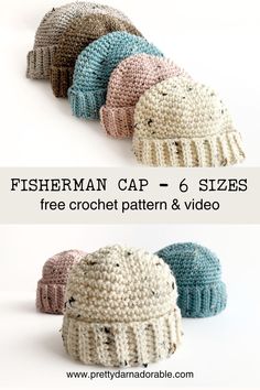 four knitted hats with different colors and sizes