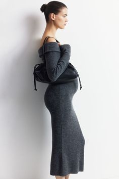 Fitted  off-the-shoulder  calf-length dress in a soft rib knit. Wide  foldover upper edge and long sleeves. Dress The Bump Fall, Pregnancy Fall Outfits, Off Shoulder Knit Dress, Maternity Wear Dresses, Active Swimwear, Maternity Outfit, Sportswear Trends, Calf Length Dress, Sport Swimwear