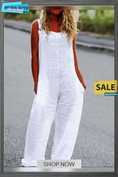 Plain Summer Casual Natural Standard Loose Overall Straight Pants Jumpsuit & Romper for Women Romper For Women, White Closet, Pants Jumpsuit, Skirt Suit Set, Cotton Jumpsuit, Linen Jumpsuit, White Jumpsuit, Casual Jumpsuit, Vintage Casual