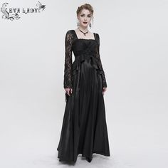 A gothic satin lace dress. It features a floor length hemline, printed fabric, structured bodice and full sleeves. The bodice is bordered with lace and embellished with a beaded and embroidered gothic patch. Product specifications: Style: GothicMaterial: Polyester 85%, Polyamide 10%, Spandex 5% Gothic Victorian, Victorian Lace, Sleeve Maxi Dress, Empire Waist, Satin, Lace, Black, Design