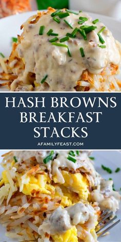 hash browns breakfast stacks with gravy on top and green onions in the middle