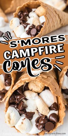 some kind of food with chocolate chips and marshmallows in it that says, smores campfire cones