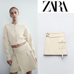 High-Waisted Skirt With Buckles. Wrap Front And Flap Patch Pocket With Buckle. A-Line Silhouette. Ecru Zara White Fall Skirt, Casual Cream Zara Skirt, Zara Casual Cream Skirt, Zara Mini Skirt With Pockets For Spring, Fitted Beige Mini Skirt By Zara, Zara Fitted Beige Mini Skirt, Zara Knit, Zara Skirts, Knit Skirt