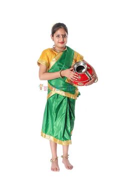 Indian Folk Dance Costume. This costume is specially designed for Girls who wants to play a role in school functions, fancy dress competition, Indian state theme competitions or role model presentation. This costume for traditional folk dances of India. Dresses worn in South India. It is a combination of Green saree and Yellow Blouse and this fabric use Brocade & Chairman. So Direct from Manufacturer/ Exporter based in Delhi NCR India. Indian Folk Dance, Dance Of India, Fancy Dress Costume, Green Saree, Folk Dance, Yellow Blouse