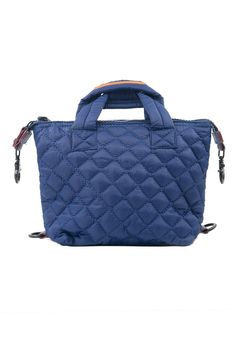 Mini Quilted Convertible Handbag with web strap and double handles in Blue Quilted Double Handle Shoulder Bag For Everyday, Functional Quilted Shoulder Bag With Double Handle, Versatile Quilted Everyday Bag, Quilted Tote Shoulder Bag For Everyday Use, Quilted Crossbody Bag For On-the-go, Quilted Shoulder Bag For Everyday Use, Nylon Tote Satchel With Detachable Strap, Nylon Satchel With Detachable Strap In Tote Shape, Nylon Satchel For On-the-go