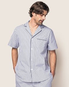 Now, our bestselling pajama styles are available as short sets for men! This Classic Short Set is accented with, contrast piping and finished with buttons. The fabric is made from 100% of the finest quality cotton. It is yarn-dyed to prevent fade and brushed for added softness making the sleepwear feel absolutely luxurious, getting cozier after each wash. You will be tucked in luxury and off to dreamland. Bonne nuit. Collared Cotton Sleepwear With Relaxed Fit, Relaxed Fit Cotton Sleepwear With Collar, Classic White Cotton Sleepwear, Cotton Collared Sleepwear For Lounging, Cotton Sleepwear With Camp Collar For Loungewear, Collared Cotton Sleepwear For Lounging, Classic Summer Sleepwear, Classic Summer Sleepwear For Loungewear, Collared Cotton Sleepwear For Home