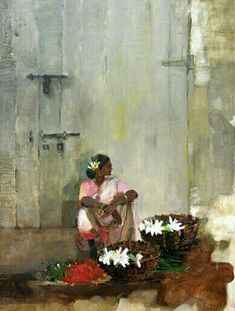 a painting of a woman sitting on the ground with flowers in front of her and an open door behind her