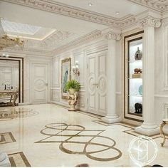 a large room with white walls and marble floors