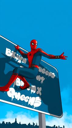 a spider man is jumping over a street sign