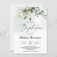 Boho Baptism, Botanical Theme, Calligraphy Typography, Watercolor Greenery, Baptism Invitation, Typography Lettering, Modern Watercolor, Baptism Invitations