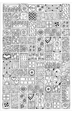 a black and white drawing with many different designs on it, including squares and circles