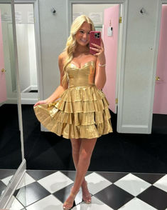 Strapless Gold Metallic A-Line Ruffle Homecoming Dress Homecoming Dance, Metallic Fabric, Hoco Dresses, Homecoming Dress, The Star, Homecoming Dresses, Homecoming, Gold Metal, A Line