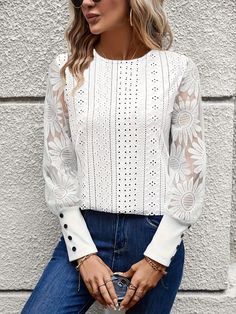 Floral Pattern Eyelet Lace T-shirt, Elegant Button Long Sleeve Top For Spring & Fall, Women's Clothing White T-shirt With Button Closure For Spring, Spring Crew Neck Blouse With Buttons, White Crew Neck Shirt With Buttons, White Button Closure Tops For Spring, White Tops With Button Closure For Spring, White Crew Neck Top With Buttons, Fitted Buttoned T-shirt For Fall, Fitted Fall T-shirt With Buttons, Fitted Button T-shirt For Fall