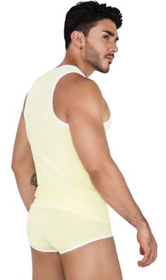 Stretch Sleeveless Top With Contrast Trim, Sporty Tank Top With Contrast Trim, Yellow Tops With Contrast Color For Summer, Summer Yellow Tops With Contrast Color, Yellow Summer Tops With Contrast Color, Sporty Sleeveless Tank Top With Contrast Trim, Casual Sleeveless Top With Contrast Color, White Color Block Sleeveless Tank Top, Casual White Color Block Tank Top