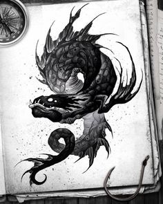 a black and white drawing of a dragon sitting on top of an open book next to a fishing hook