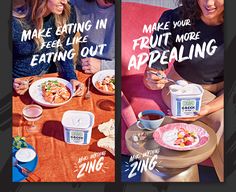 two posters showing people eating at a table with fruit and yogurt on them