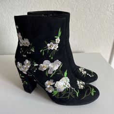 Floral Embroidered Ankle Boots, Size 7.5. New Without Tags Spring Embellished Boots With Round Toe, Trendy Embroidered Summer Boots, Black Embellished Spring Boots, Spring Black Embellished Boots, Spring High Heel Boots With Floral Embroidery, Embroidered Summer Party Boots, Embroidered High Heel Boots For Spring, Party Boots With Floral Embroidery And Round Toe, Floral Embroidered Boots For Spring Party