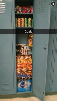 two lockers with drinks and cans in them