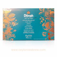 the packaging for dilmah tea on a white background with orange and blue flowers