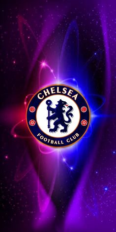 the chelsea logo is shown on a purple background with stars and swirls around it