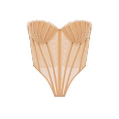 Expertly crafted with a delicate shell pattern, this bustier top features pleated detailing and a sheer mesh design. Its strapless style and lace-up back provide a comfortable and flattering fit. Available in a soft apricot hue, perfect for adding a touch of elegance to any outfit. Fabric: Medium Stretch Material: Organza (Polyamide) Elegant Nylon Corset With Built-in Bra, Party Corset With Built-in Bra In Beige, Chic Corset With Sweetheart Neckline And Straps, Summer Sleeveless Corset With Sheer Bodice, Chic Strapless Corset Dress With Sheer Bodice, Strapless Corset With Sheer Bodice For Summer, Strapless Sheer Bodice Corset For Summer, Chic Corset With Sweetheart Neckline And Removable Bra Pads, Summer Evening Corset With Sheer Bodice