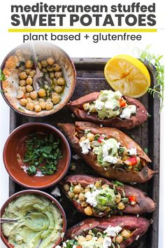 baked sweet potatoes with chickpeas, avocado and garbanzo sauce