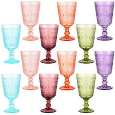 PRICES MAY VARY. What You Will Get: you will receive 12 packs of colored glass wine goblets, comes in 6 colors, 2 of each; They are orange pink, sky blue, green, light pink, pink purple, blue purple; Sufficient quantity and rich colors are enough for your daily use and replacement Vintage Look: the vintage wine glasses drinking are designed with classic vintage colors, embossed patterns, adding elegance and vintage, romantic vibes to any special occasion; They will also be nice supplies for part Vintage Goblets, Vintage Wine Glasses, Theme Color, Glass Cups, Valentines Day Weddings, Vow Renewal, Vintage Colors