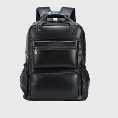 Featuring a plethora of pockets and compartments, both inside and out, this backpack is designed for optimal organization. The exterior boasts a main zipper closure pocket, two front zipper pockets, and two elastic side pockets for quick access to items like water bottles. Internally, a spacious compartment accommodates a 17-inch laptop, complemented by one zipper pocket and two small pockets to keep your accessories neatly separated. Notably, the design includes a gap in the middle of the back pad, allowing you to secure the backpack to rolling luggage for added convenience and reduced strain on your back during travels abroad. This leather backpack seamlessly combines style, functionality, and travel-friendly features. Ergonomic airflow back design with thick but soft straps and back cus Multifunctional Black Backpack For Business, Black Backpack With Multiple Pockets For Daily Use, Functional Leather Backpack For Commuting With Large Capacity, Functional Large Capacity Leather Backpack For Commuting, Everyday Black Backpack With Multiple Pockets, Black Leather Backpack With Zipper Pocket, Black Everyday Backpack With Multiple Pockets, Business Multifunctional Standard Backpack, Modern School Backpack With Multiple Pockets